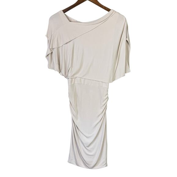 Karen Millen Cream Stretch Mesh Cinched Asymmetrical Wide Sleeve Neutral Dress - Picture 1 of 6